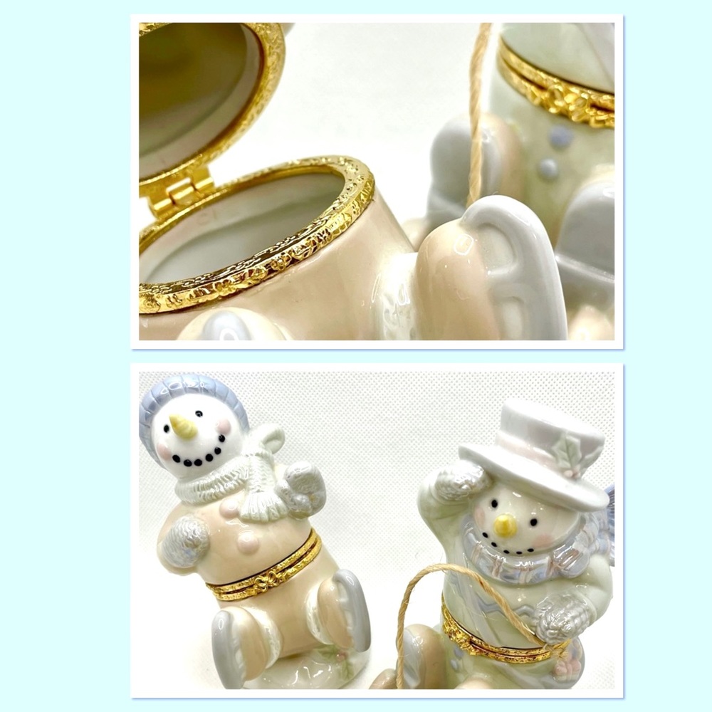 Porcelain Sledding Snowman Trinket Boxes Pair